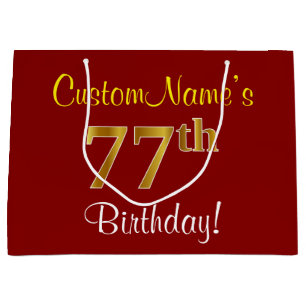 Elegant, Red, Faux Gold 77th Birthday; Custom Name Large Gift Bag