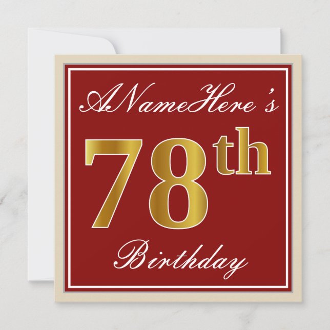 Elegant, Red, Faux Gold 78th Birthday; Custom Name Invitation (Front)