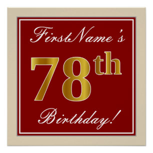 Elegant, Red, Faux Gold 78th Birthday; Custom Name Poster