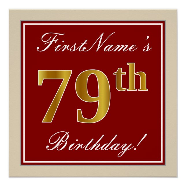 Elegant, Red, Faux Gold 79th Birthday; Custom Name Poster (Front)