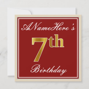 Elegant, Red, Faux Gold 7th Birthday + Custom Name Invitation