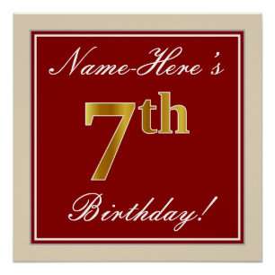 Elegant, Red, Faux Gold 7th Birthday + Custom Name Poster