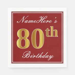 Elegant Red, Faux Gold 80th Birthday + Custom Name Napkin