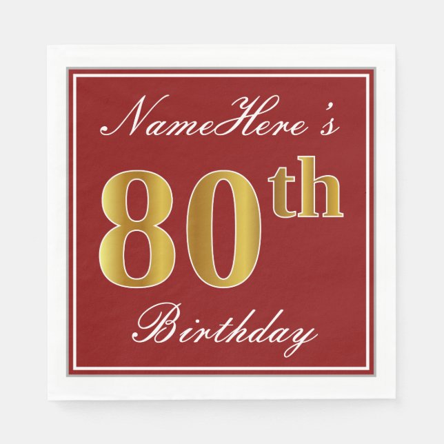 Elegant Red, Faux Gold 80th Birthday + Custom Name Napkin (Front)