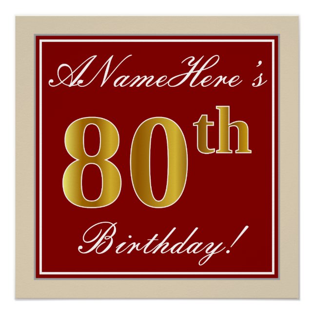 Elegant, Red, Faux Gold 80th Birthday; Custom Name Poster (Front)