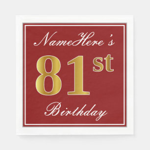 Elegant Red, Faux Gold 81st Birthday + Custom Name Napkin