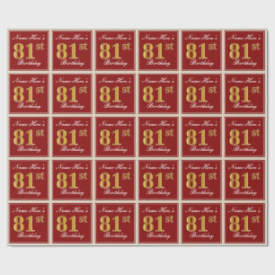 Elegant, Red, Faux Gold 81st Birthday; Custom Name Wrapping Paper