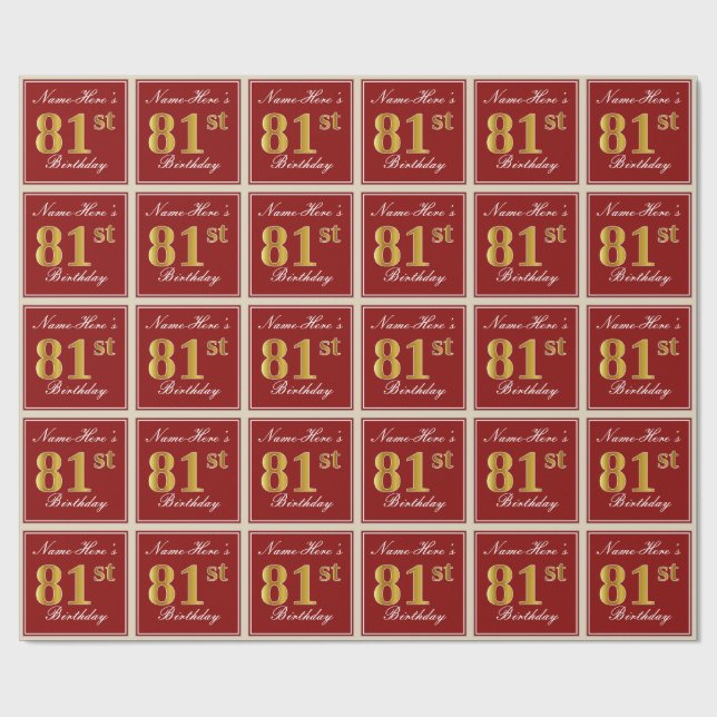 Elegant, Red, Faux Gold 81st Birthday; Custom Name Wrapping Paper (Flat)