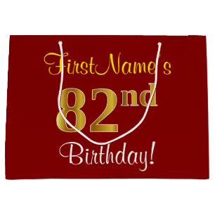 Elegant, Red, Faux Gold 82nd Birthday; Custom Name Large Gift Bag