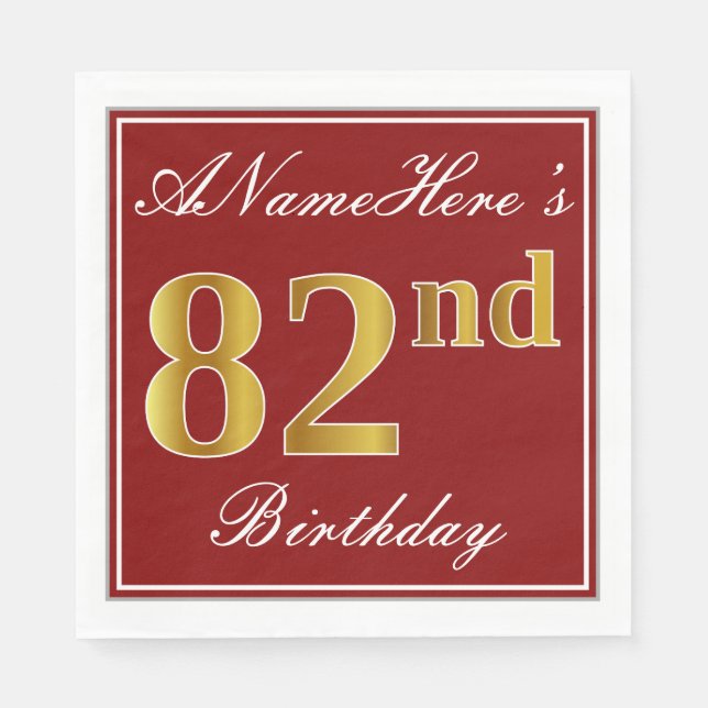 Elegant Red, Faux Gold 82nd Birthday + Custom Name Napkin (Front)