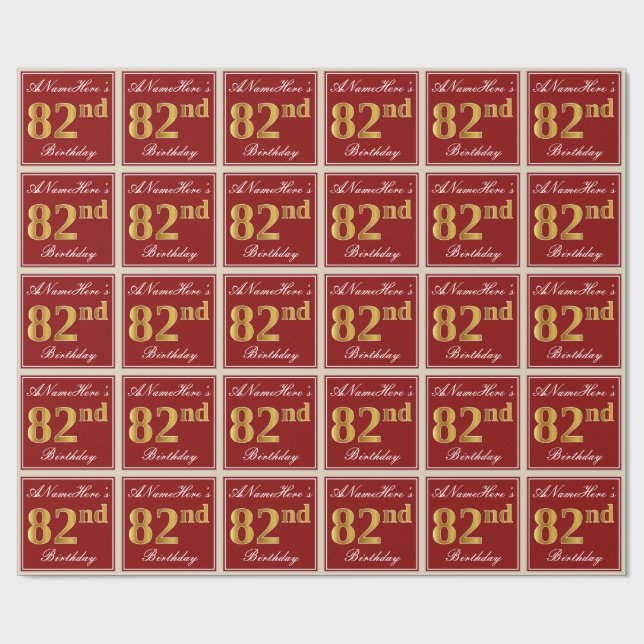 Elegant, Red, Faux Gold 82nd Birthday; Custom Name Wrapping Paper (Flat)