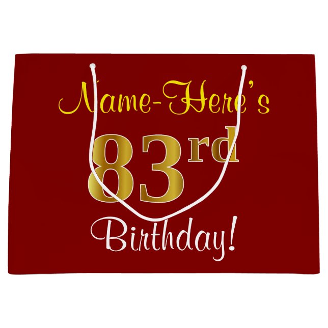 Elegant, Red, Faux Gold 83rd Birthday; Custom Name Large Gift Bag (Front)