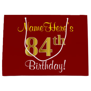 Elegant, Red, Faux Gold 84th Birthday; Custom Name Large Gift Bag