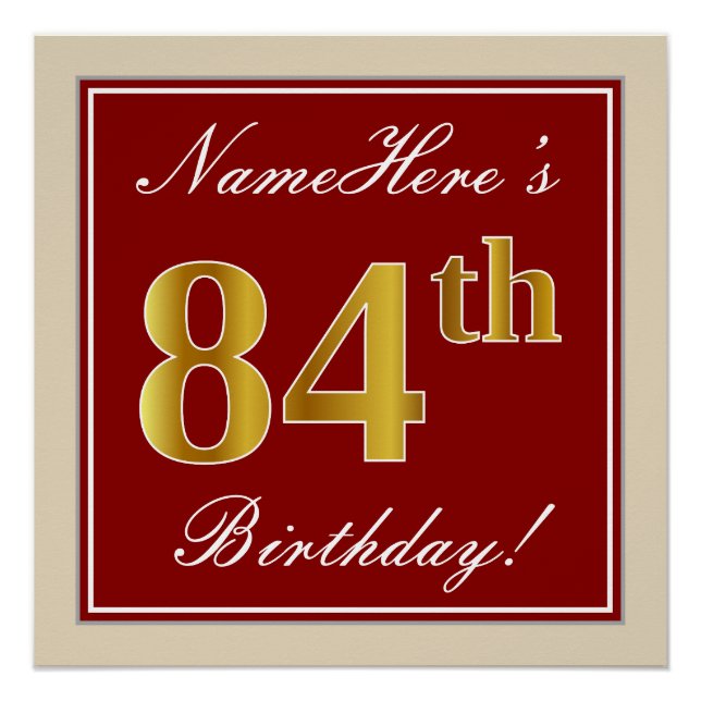 Elegant, Red, Faux Gold 84th Birthday; Custom Name Poster (Front)