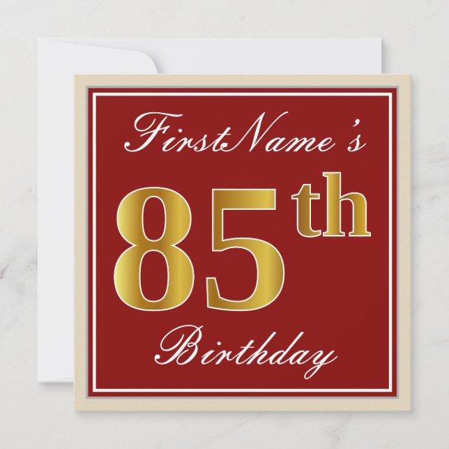 Elegant, Red, Faux Gold 85th Birthday; Custom Name Invitation (Front)