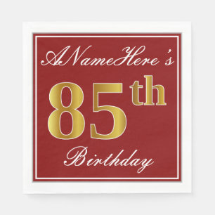 Elegant Red, Faux Gold 85th Birthday + Custom Name Napkin