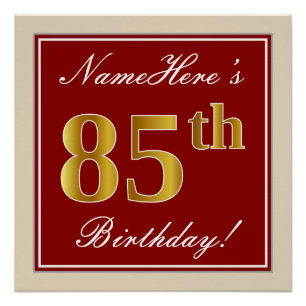 Elegant, Red, Faux Gold 85th Birthday; Custom Name Poster