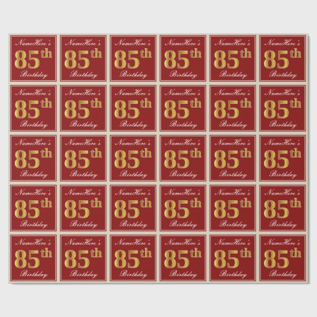 Elegant, Red, Faux Gold 85th Birthday; Custom Name Wrapping Paper (Flat)
