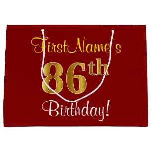 Elegant, Red, Faux Gold 86th Birthday; Custom Name Large Gift Bag