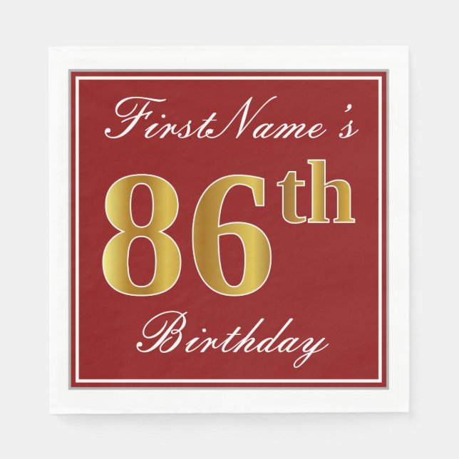 Elegant Red, Faux Gold 86th Birthday + Custom Name Napkin (Front)