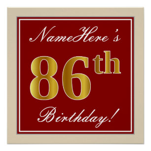 Elegant, Red, Faux Gold 86th Birthday; Custom Name Poster