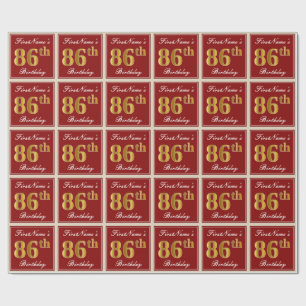 Elegant, Red, Faux Gold 86th Birthday; Custom Name Wrapping Paper