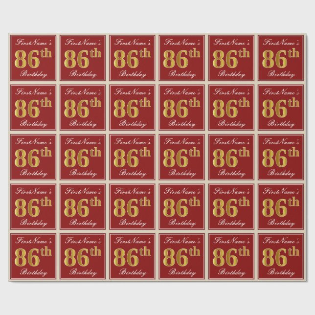 Elegant, Red, Faux Gold 86th Birthday; Custom Name Wrapping Paper (Flat)