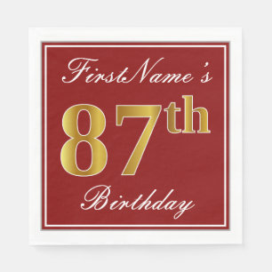 Elegant Red, Faux Gold 87th Birthday + Custom Name Napkin