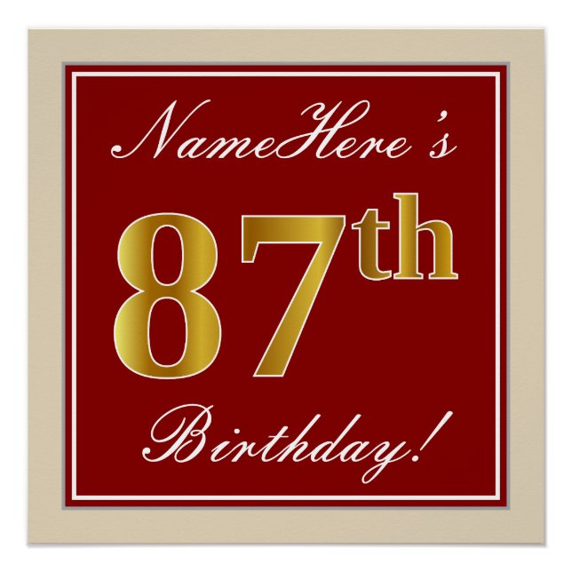 Elegant, Red, Faux Gold 87th Birthday; Custom Name Poster (Front)
