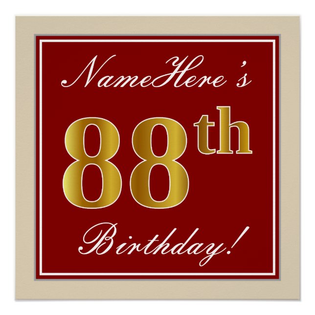 Elegant, Red, Faux Gold 88th Birthday; Custom Name Poster (Front)