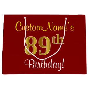 Elegant, Red, Faux Gold 89th Birthday; Custom Name Large Gift Bag