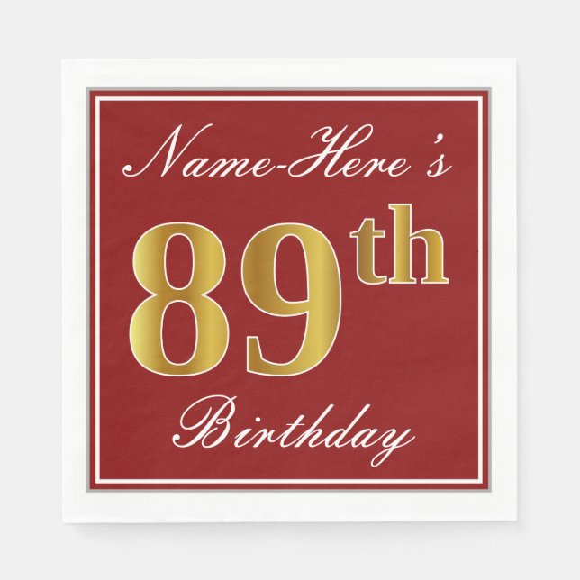 Elegant Red, Faux Gold 89th Birthday + Custom Name Napkin (Front)
