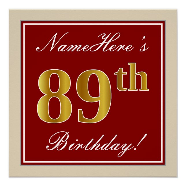 Elegant, Red, Faux Gold 89th Birthday; Custom Name Poster (Front)