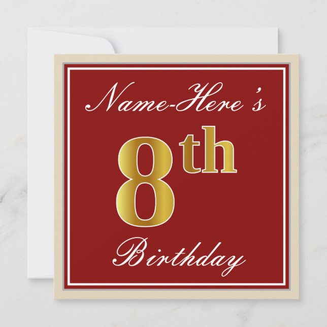 Elegant, Red, Faux Gold 8th Birthday + Custom Name Invitation (Front)