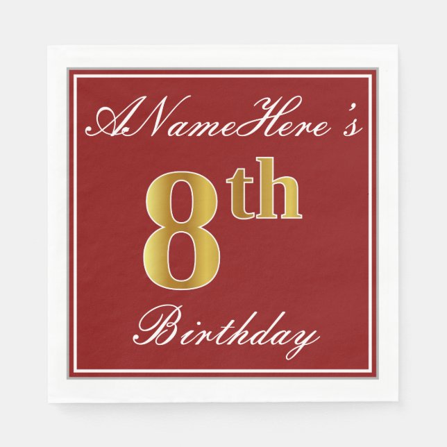 Elegant Red, Faux Gold 8th Birthday + Custom Name Napkin (Front)