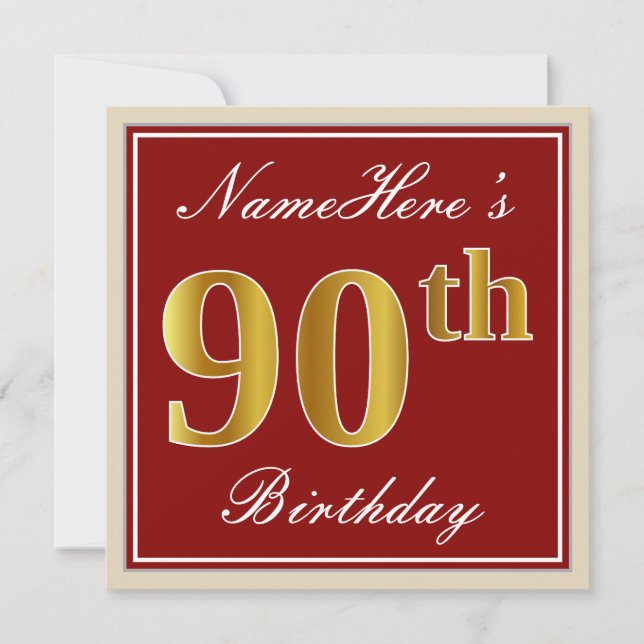 Elegant, Red, Faux Gold 90th Birthday; Custom Name Invitation (Front)