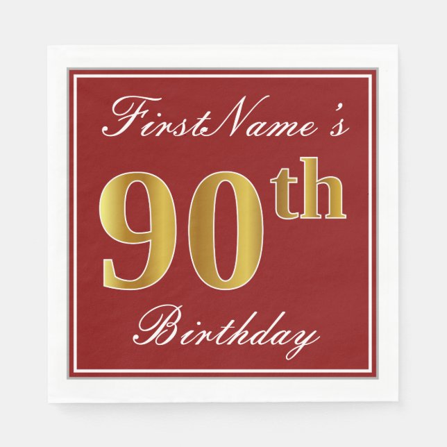 Elegant Red, Faux Gold 90th Birthday + Custom Name Napkin (Front)