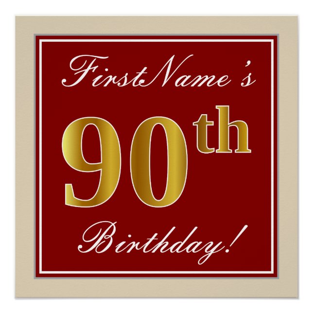 Elegant, Red, Faux Gold 90th Birthday; Custom Name Poster (Front)
