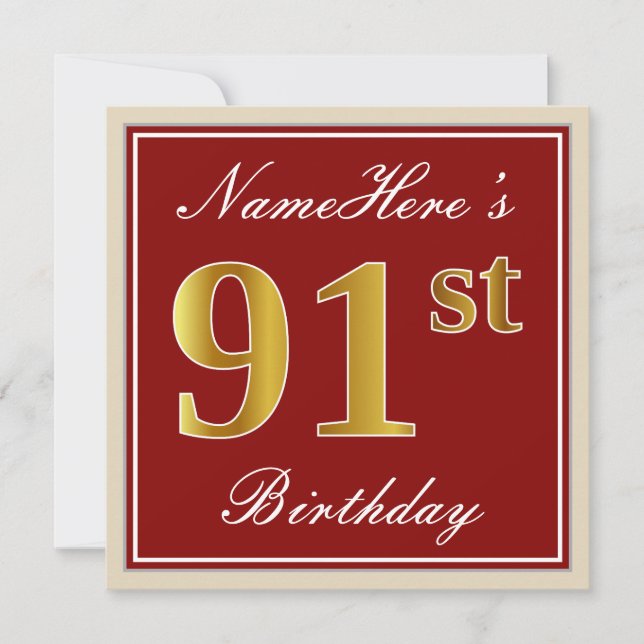 Elegant, Red, Faux Gold 91st Birthday; Custom Name Invitation (Front)