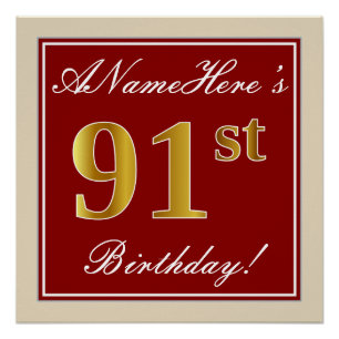 Elegant, Red, Faux Gold 91st Birthday; Custom Name Poster