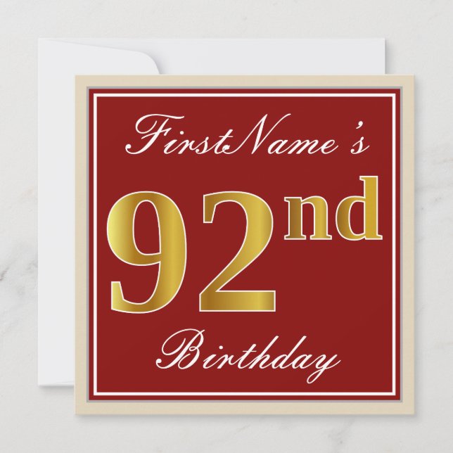 Elegant, Red, Faux Gold 92nd Birthday; Custom Name Invitation (Front)