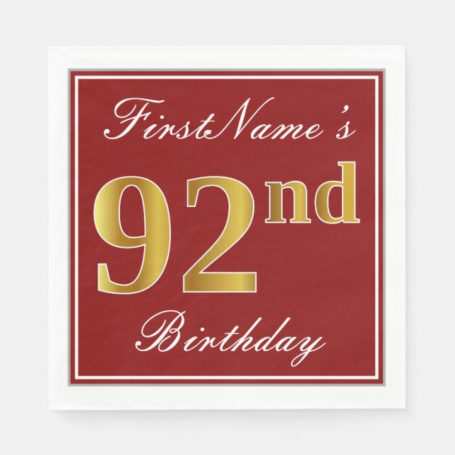 Elegant Red, Faux Gold 92nd Birthday + Custom Name Napkin (Front)