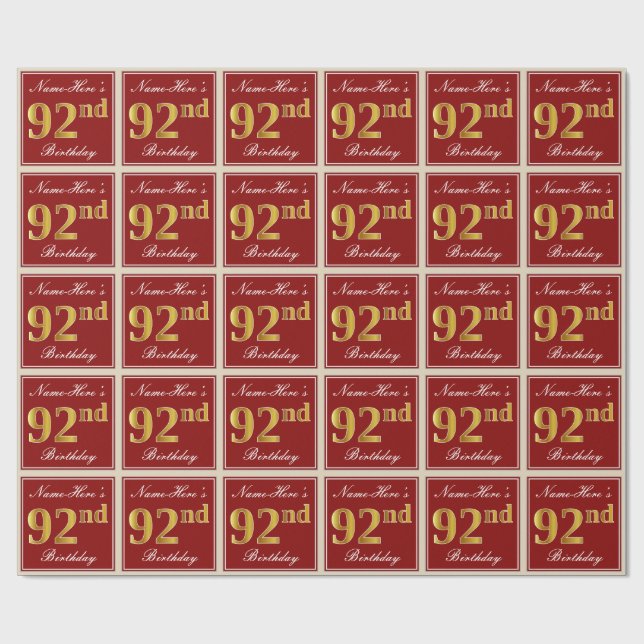 Elegant, Red, Faux Gold 92nd Birthday; Custom Name Wrapping Paper (Flat)