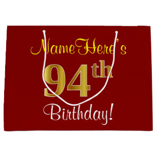 Elegant, Red, Faux Gold 94th Birthday; Custom Name Large Gift Bag