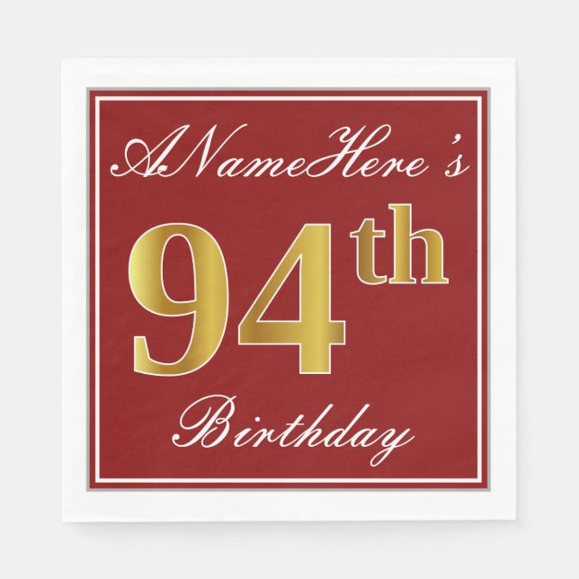 Elegant Red, Faux Gold 94th Birthday + Custom Name Napkin (Front)