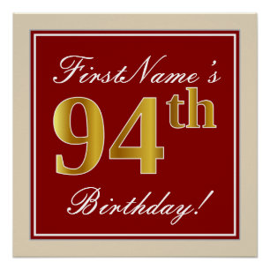 Elegant, Red, Faux Gold 94th Birthday; Custom Name Poster