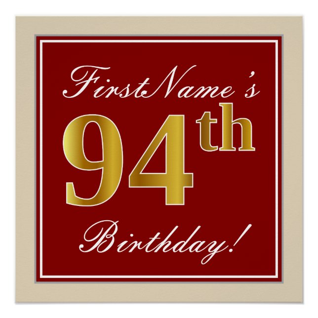 Elegant, Red, Faux Gold 94th Birthday; Custom Name Poster (Front)