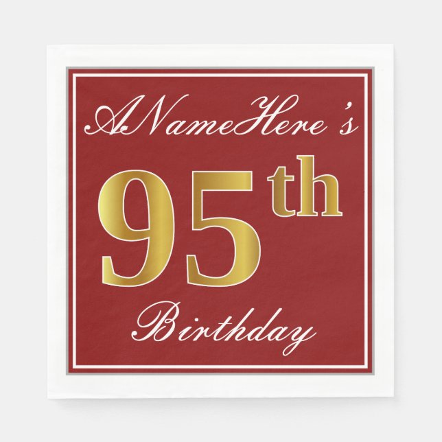 Elegant Red, Faux Gold 95th Birthday + Custom Name Napkin (Front)