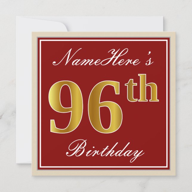Elegant, Red, Faux Gold 96th Birthday; Custom Name Invitation (Front)