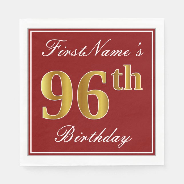 Elegant Red, Faux Gold 96th Birthday + Custom Name Napkin (Front)